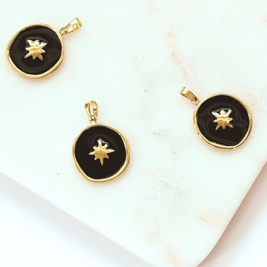 Gold and black round pendants featuring a starburst design in the center. Perfect for adding a celestial touch to necklaces or bracelets.